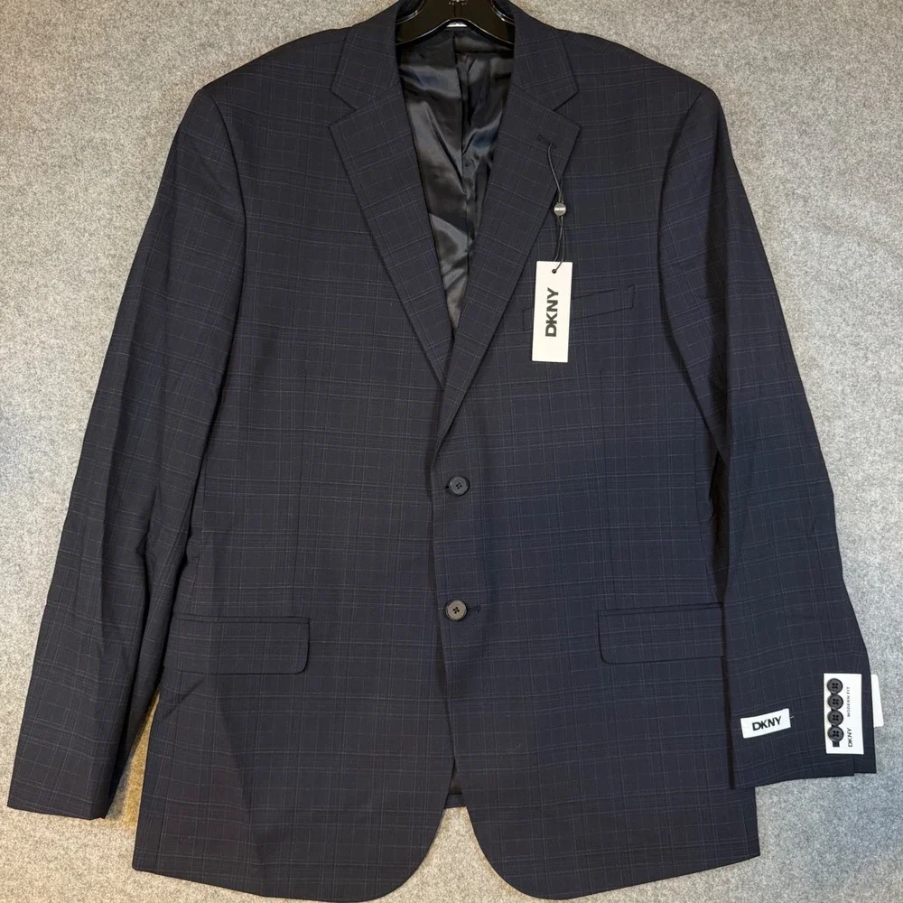 DKNY Duran Mens Navy Blue Plaid Modern Fit 2 Piece Suit 46R 39W DNUR217W0356